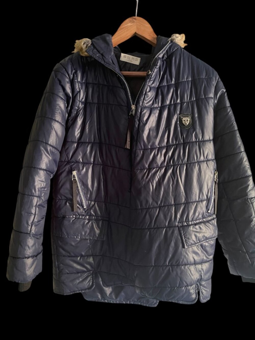 Navy Blue Quilted Puffer Jacket Glossy Hooded Coat Faux Fur Trim M/L